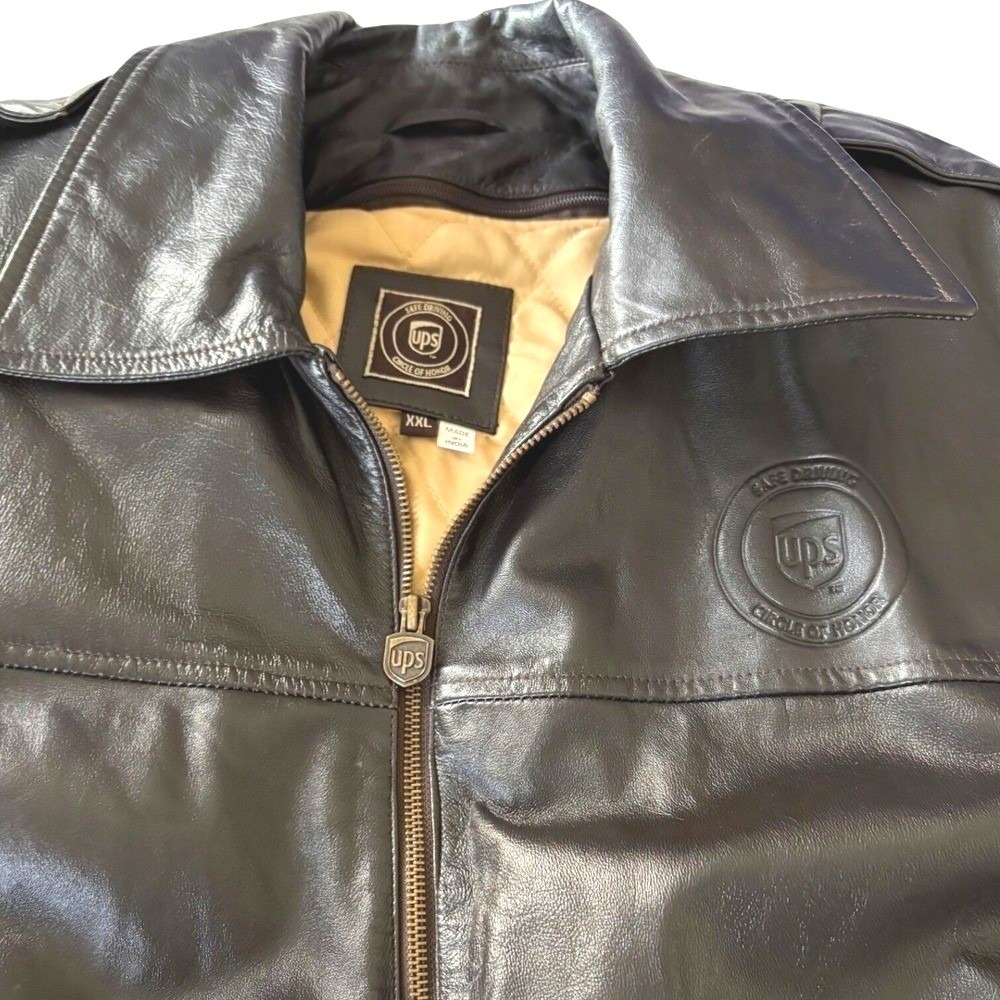 UPS‎ Circle of Honor Leather Bomber Jacket 2XL Brown Quilted Flight Coat Work